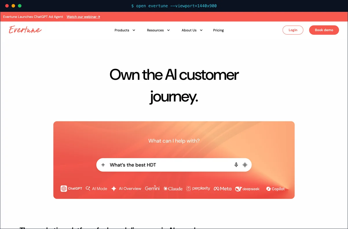 Evertune brand index dashboard tracking share of voice across nine AI engines with a consumer panel overlay