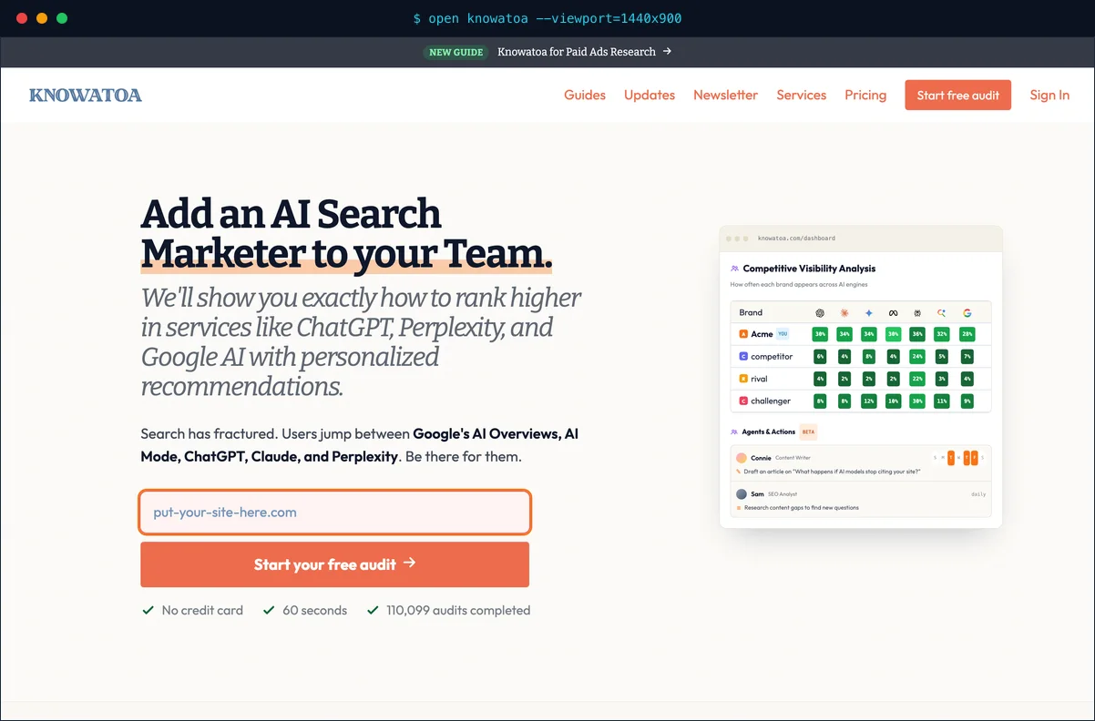 Knowatoa dashboard showing AI Answer Snapshots with cited sources and a competitor gap analysis panel