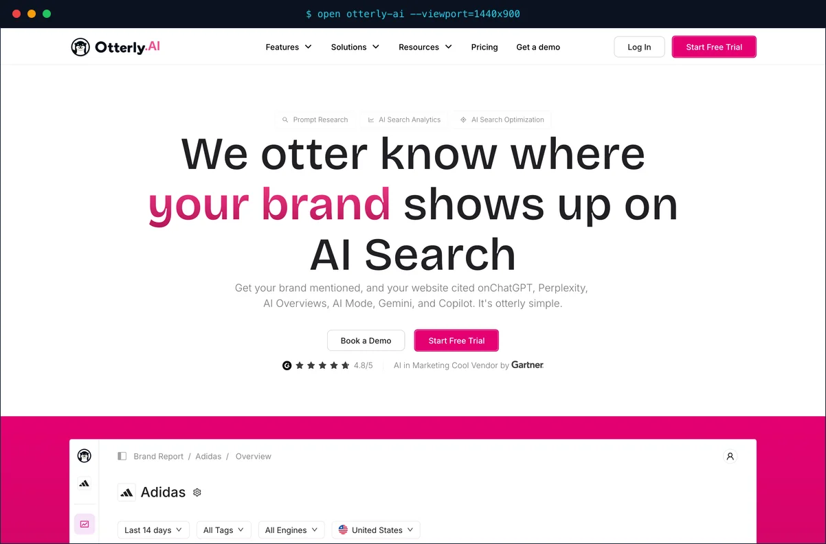 Otterly.AI interface showing prompt-level citation tracking with a weekly brand report summary