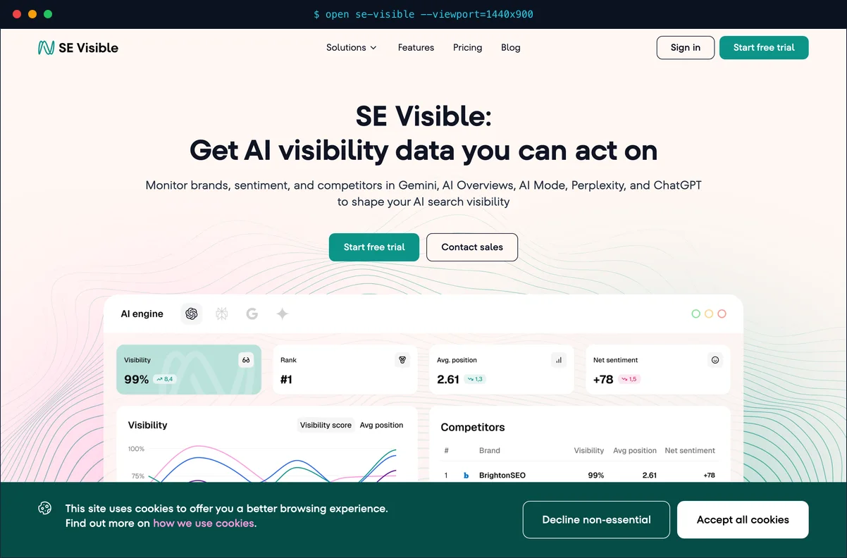 SE Visible dashboard showing cached AI answer text alongside a brand mention timeline